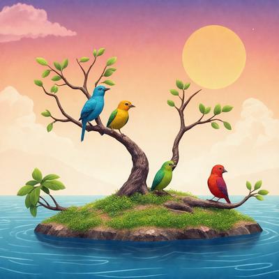 The primary subject of the image is a tree with three birds perched on its branches. The setting is a small island in a body of water, which adds a sense of tranquility and natural beauty to the scene. The visual style is a combination of digital art and illustration, creating a vibrant and lively atmosphere. The colors and mood are predominantly warm and inviting, with the birds' vibrant colors contrasting against the natural backdrop of the tree and the water.